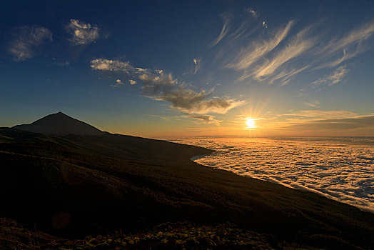 火山,泰德峰,日落,上方,云,泰德国家公园,加纳利群岛,特内里费岛,西班牙,欧洲