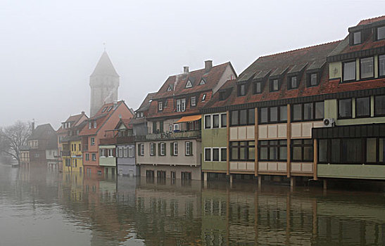 雾,建筑,堤岸,罗滕堡,河,风景,桥,班霍夫大街,街道,方向,湾流,巴登符腾堡,德国,欧洲