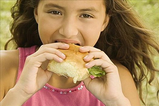 一个,女孩,肖像,吃,汉堡包