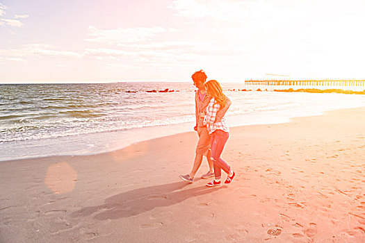 浪漫,情侣,漫步,海滩