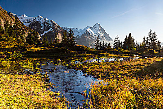高山,湖,攀升,艾格尔峰,日落,伯尔尼阿尔卑斯山,瑞士