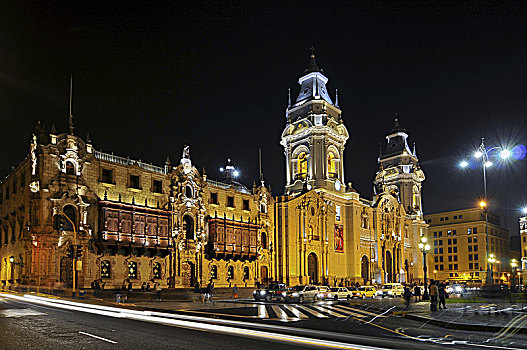 秘鲁,利马,广场,阿玛斯,大教堂,夜晚