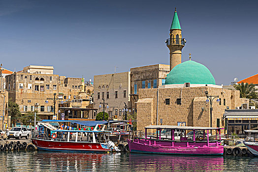 港口,阿卡古城,英亩,船,清真寺,老城,背景,以色列