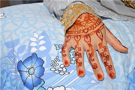 散沫花染料,手,印尼人,婚礼,新娘