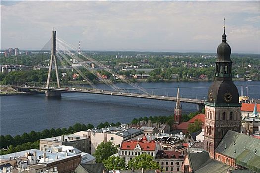 风景,里加,大教堂,道加瓦河,河,桥,拉脱维亚,航拍