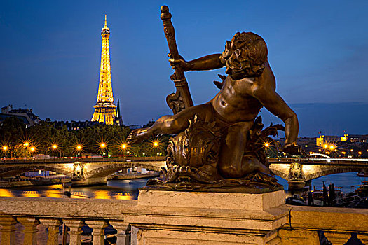 黎明,上方,雕塑,亚历山大三世,塞纳河,埃菲尔铁塔,巴黎,法国