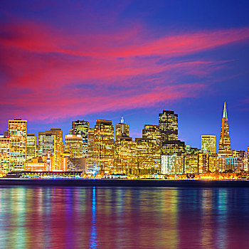 旧金山,日落,天际线,加利福尼亚,反射,湾,水,美国