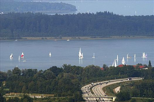 帆船,湖,基姆湖,靠近,公路,巴伐利亚,德国