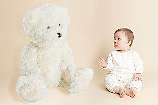 棚拍,肖像,女婴,靠近,巨大,泰迪熊