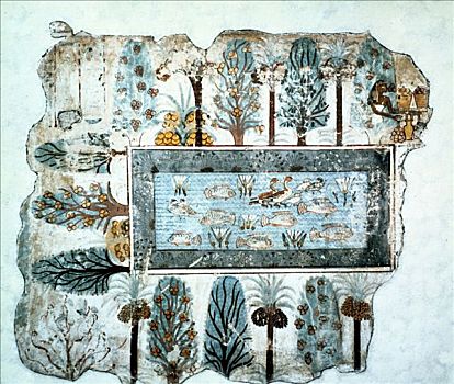 花园,水池,碎片,壁画,埃及,第十八王朝