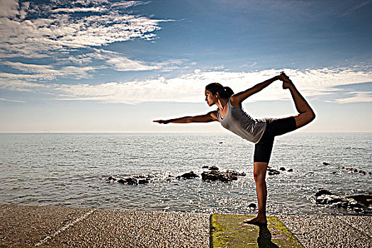女人,练习,瑜珈,海洋