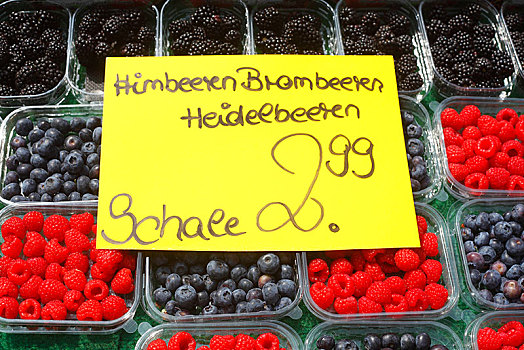 新鲜,蓝莓,树莓,托盘,价签,市场摊位,不莱梅,德国,欧洲