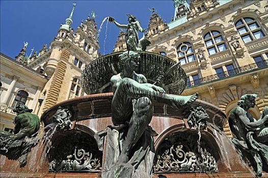 历史,喷泉,内院,市政厅,汉堡市,德国,欧洲