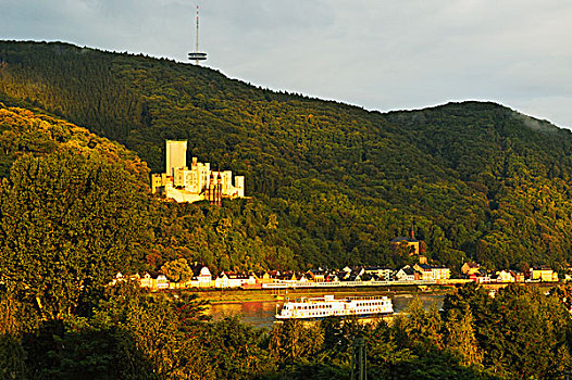 城堡,莱茵河,日出,莱茵兰普法尔茨州,德国