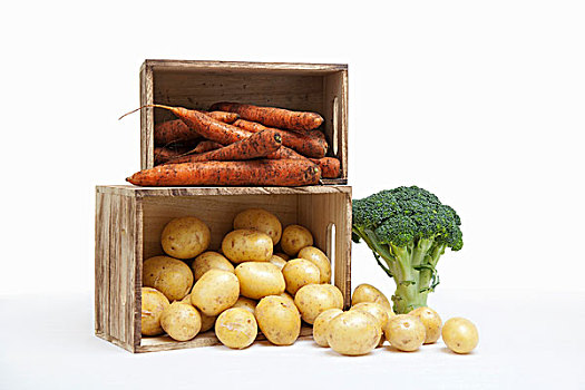木头,板条箱,新鲜,胡萝卜,土豆,花椰菜