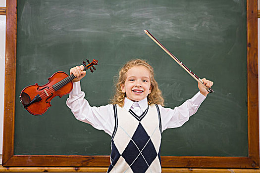 可爱,学生,拿着,小提琴,弦