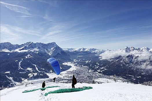 滑翔伞运动者,山,加米施帕藤基兴,楚格峰,陆地,上巴伐利亚,巴伐利亚,德国