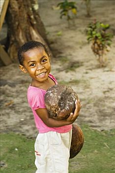 南太平洋,斐济,斐济人,女孩,微笑,拿着,椰树