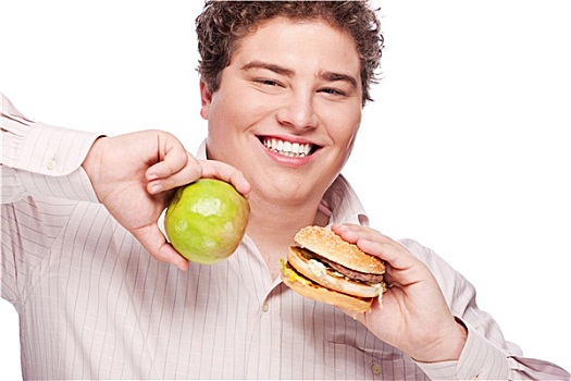 圆胖,男人,拿着,苹果,汉堡包