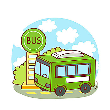 插画,公交车站,绿色,巴士