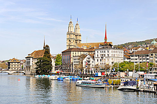 风景,桥,林马特河,河,码头,罗马式大教堂,教堂,苏黎世,瑞士,欧洲