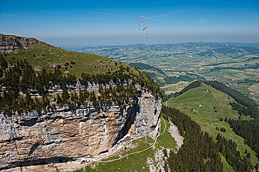 滑翔伞,航拍,阿彭策尔,瑞士,欧洲