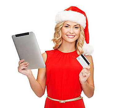 圣诞节,圣诞,网上购物,概念,女人,圣诞老人,帽子,平板电脑,电脑,信用卡