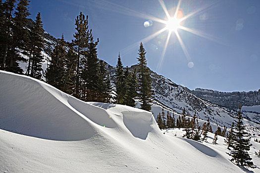 大,雪堆,山,器具,太阳,蓝天,沃特顿,艾伯塔省,加拿大