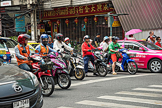 街景,摩托车,等待,穿过,忙碌,道路,交通,曼谷,泰国,亚洲