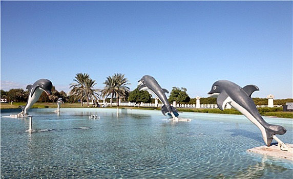 海豚,喷泉,滨海路,阿布扎比,阿联酋