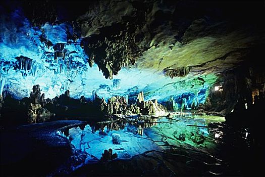 桂林,洞穴,蓝色,绿灯