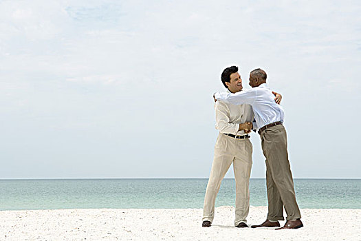 两个,商务人士,握手,搂抱,海滩