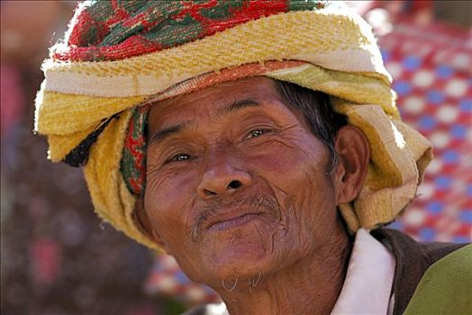 老人,缅甸,男人,穿,围巾,肖像,蒲甘,东南亚