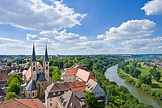 风景,上方,城镇,教区,教堂,内卡河,河,蓝色,塔,坏,巴登符腾堡,德国,欧洲