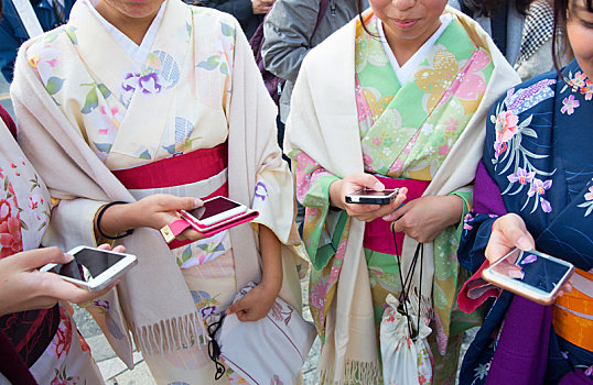 特写,群体,女人,穿,传统,日本,和服,站立,并排,拿着