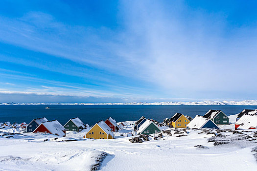 黄色,蓝色,红色,绿色,因纽特人,房子,积雪,峡湾,努克,城市,格陵兰