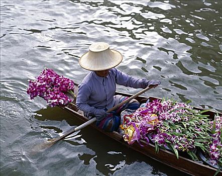 女人,摊贩,销售,水果,花,水上市场,丹能沙朵水上市场,曼谷,泰国