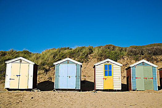 海滩小屋,排列,正面,沙丘,沙,海滩