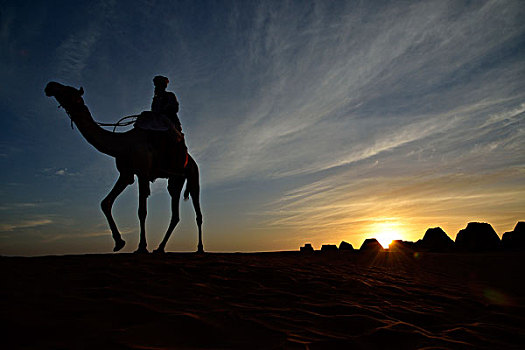 男人,骑,骆驼,日落,金字塔,北方,墓地,麦罗埃,努比亚,苏丹,非洲
