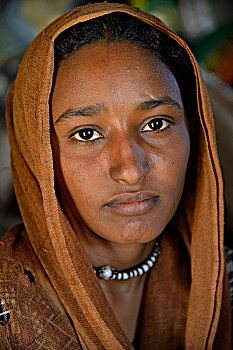 女孩,游牧,部落,穿,头饰,头像,荒芜,努比亚,北方,苏丹,非洲