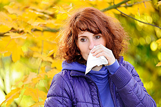 女人,感冒,拿着,手绢,秋天,环境