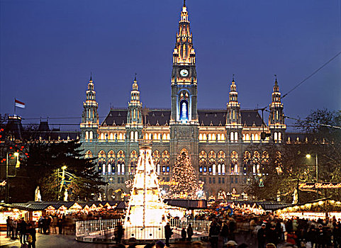 圣诞市场,市政厅,夜景,维也纳,奥地利,欧洲