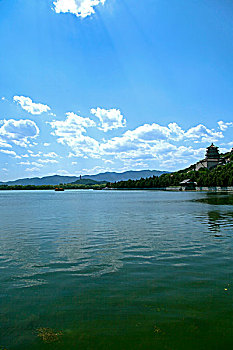 蓝天白云下颐和园万寿山上的佛香阁和昆明湖相呼应