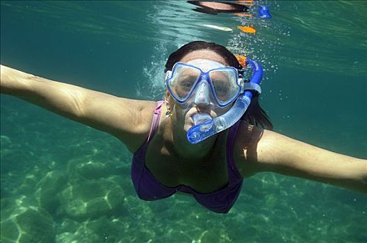 女人,通气管,潜水镜,深潜,海中,水下,萨丁尼亚,意大利,欧洲