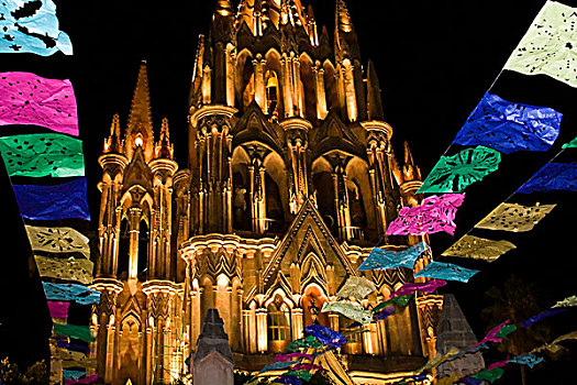 墨西哥,圣米格尔,节日,旗帜,飞行,夜晚,正面,光亮,天主教,教堂