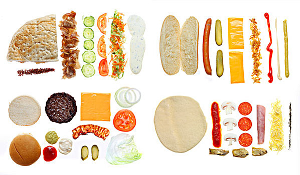 快餐,成分,土耳其烤肉,皮塔饼,热狗,汉堡包,奶酪,熏肉,比萨饼
