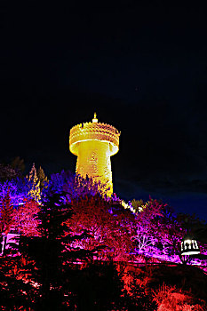 夜晚灯光下矗立在香格里拉中心的巨型转经筒