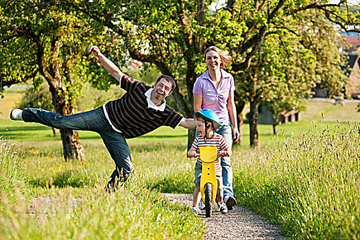 家庭,走,户外,夏天,小,儿子,训练,自行车,原生态,自然