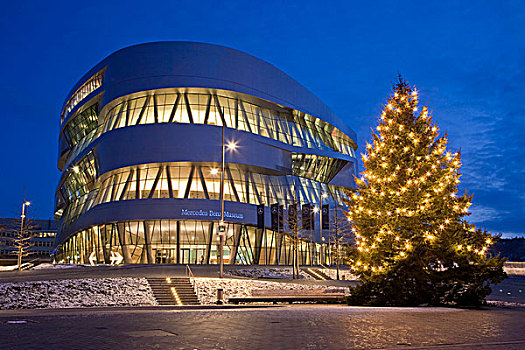 奔驰,博物馆,晚间,圣诞时节,圣诞树,冬天,现代建筑,斯图加特,巴登符腾堡,德国,欧洲