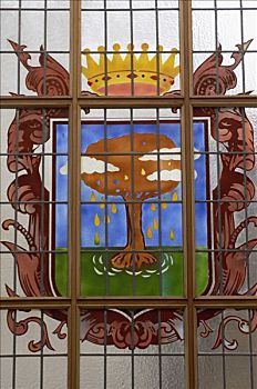 西班牙,加纳利群岛,市政厅,特写,城镇,象征,树,涂绘,窗玻璃